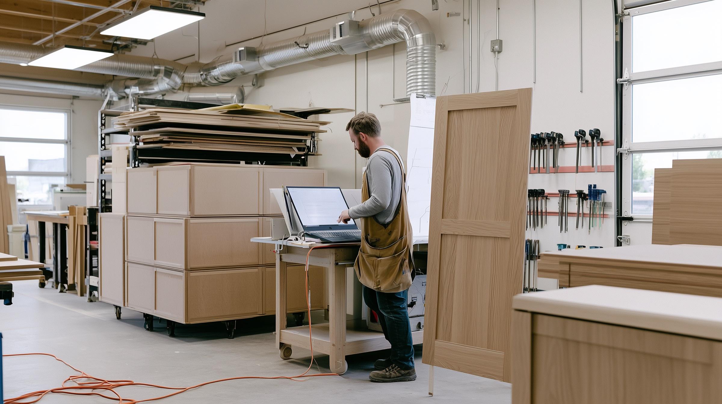 A cabinetmaker checking an oak door against a shop drawing