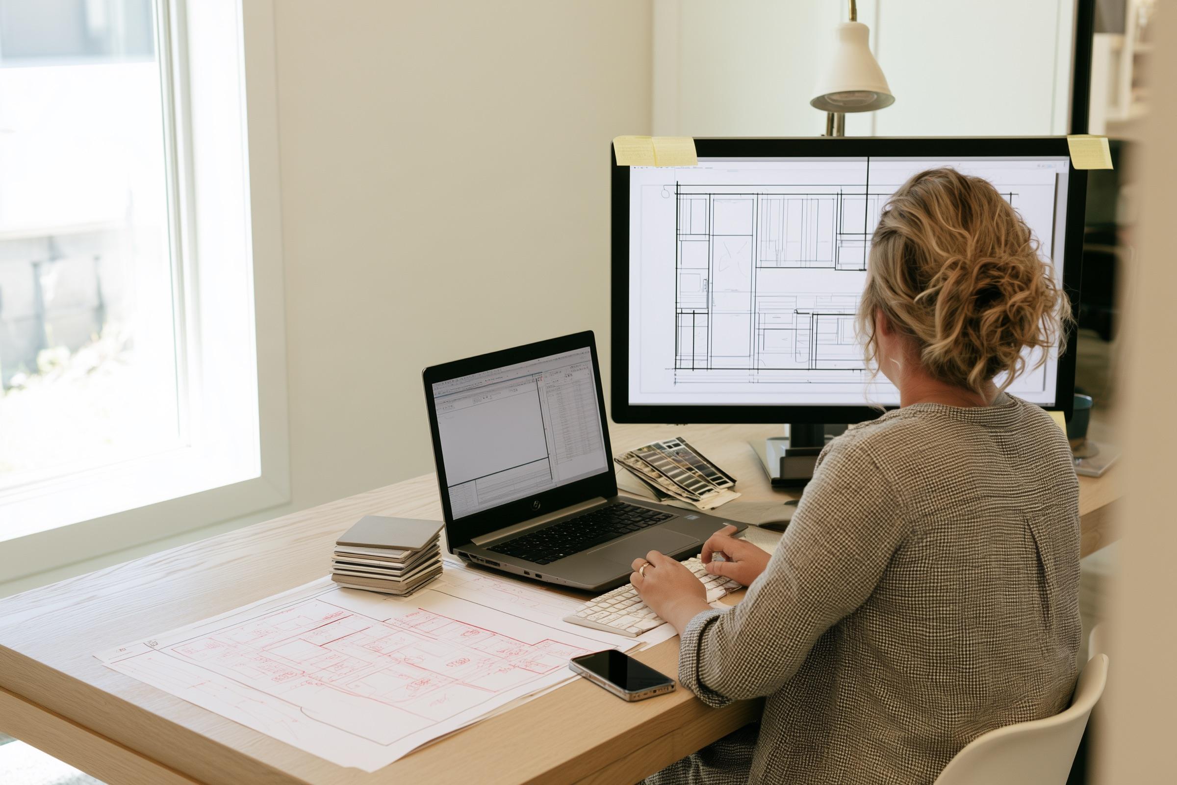 A designer working between a laptop, monitor, and printed plan