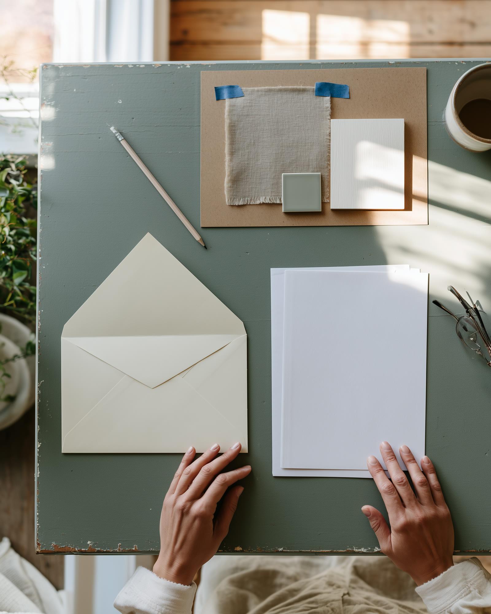 Illustration: two hands beside an opened envelope, a blank letter and samples taped to kraft card on a painted table.