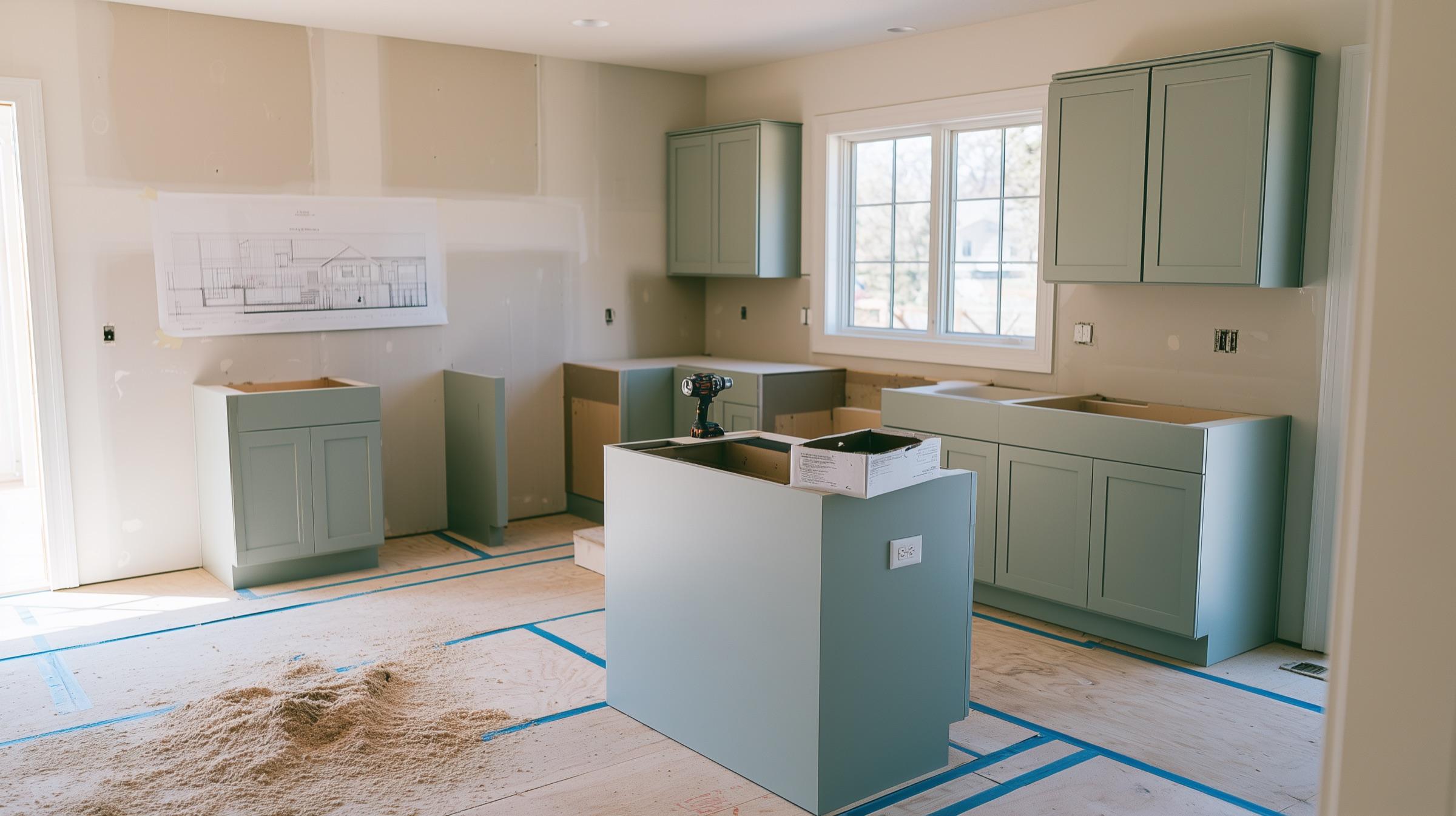 A kitchen mid-install with an elevation taped to the wall
