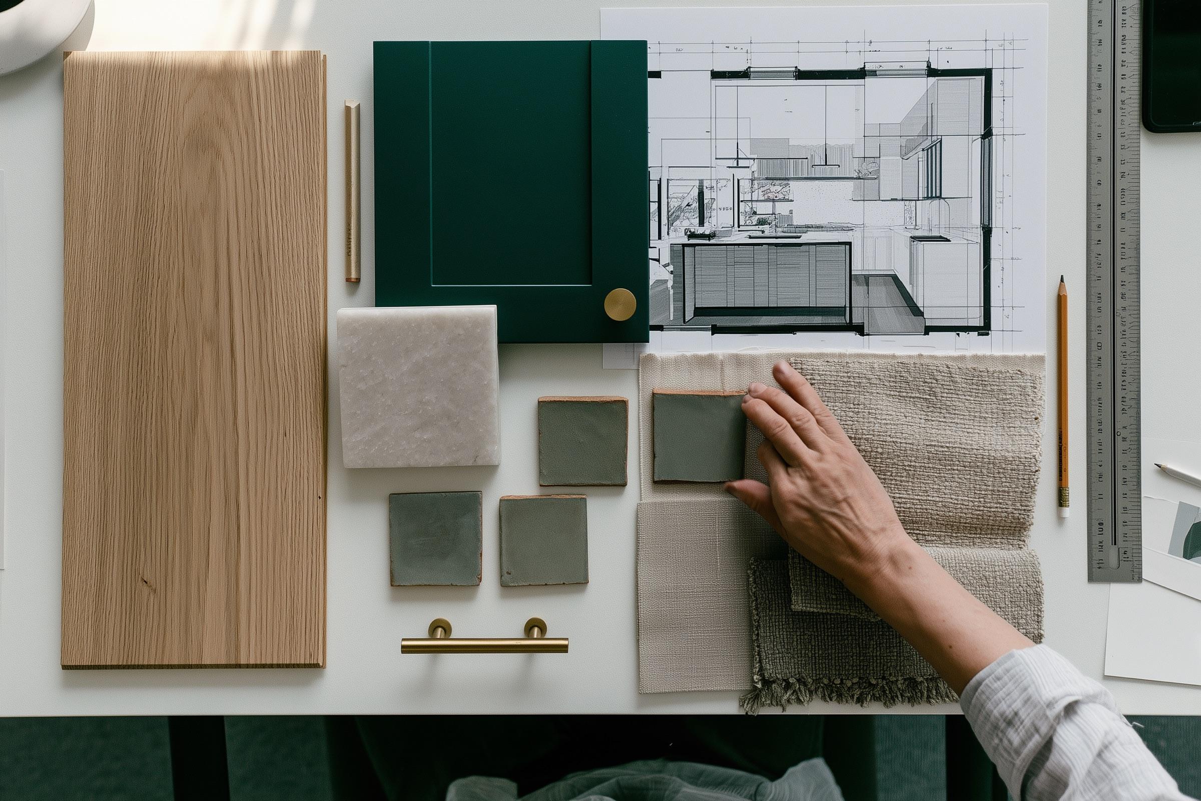 Illustration: white oak, a green-painted cabinet door, quartzite, zellige tiles and linen laid out on a printed kitchen plan