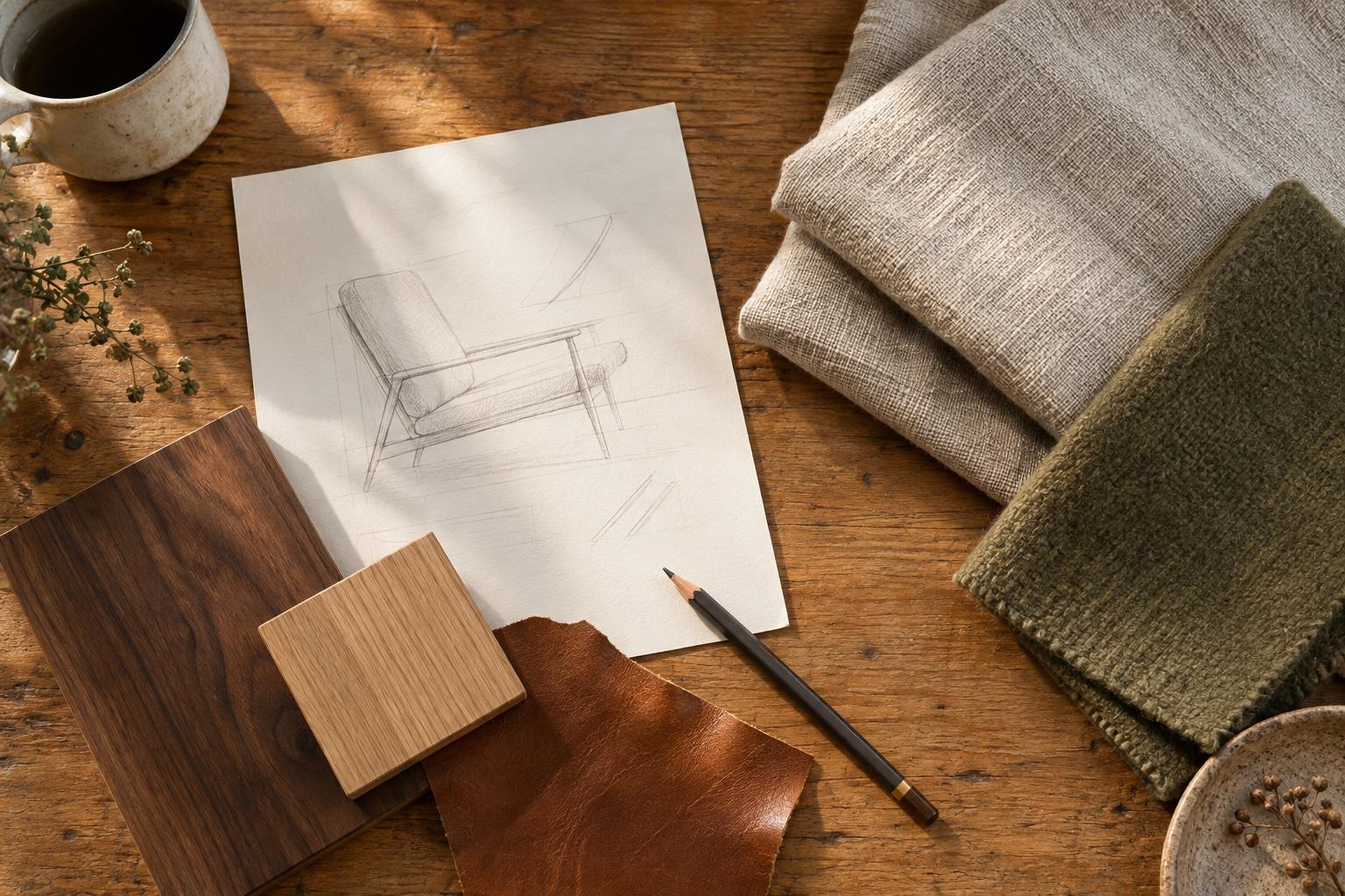 Illustrative arrangement of wood and fabric samples on a studio table