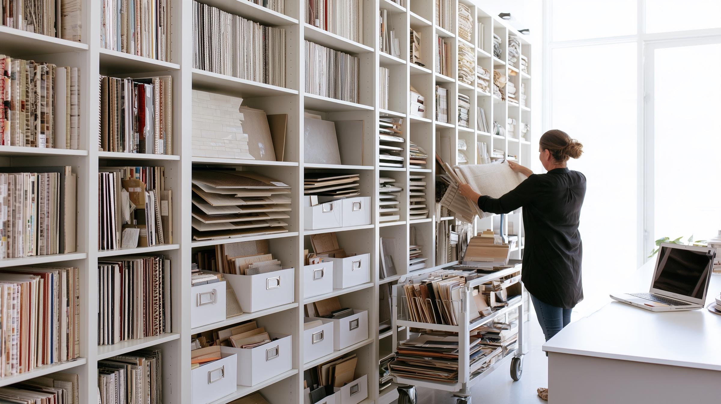 A designer choosing a fabric book from a wall of samples