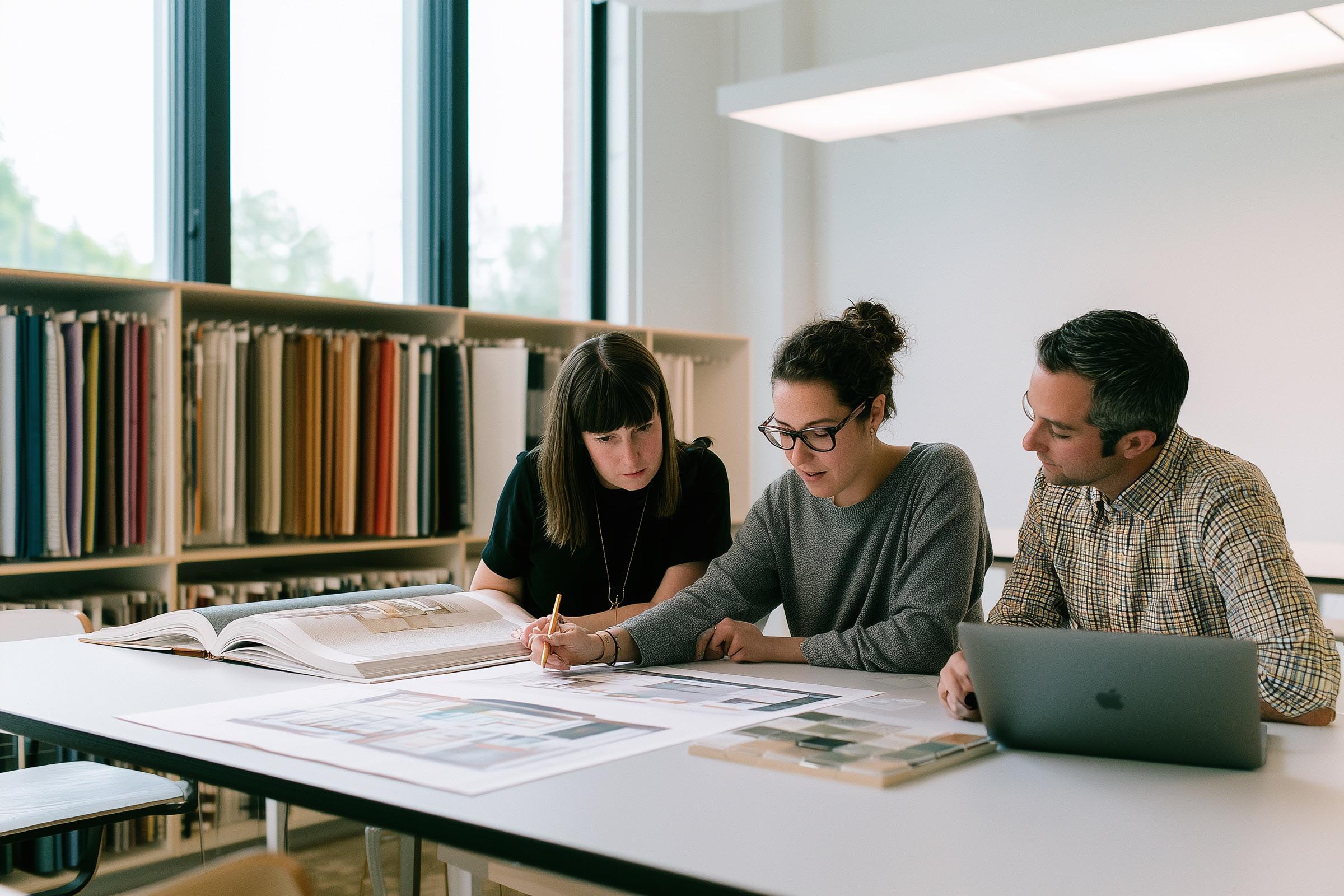 A designer and homeowners reviewing a printed plan