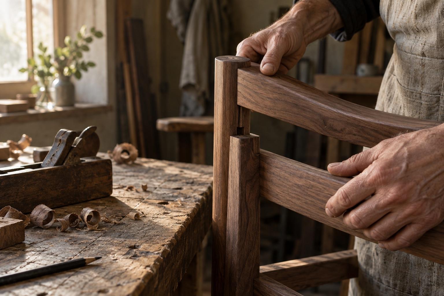 Illustrative hands working a timber joint at a workbench